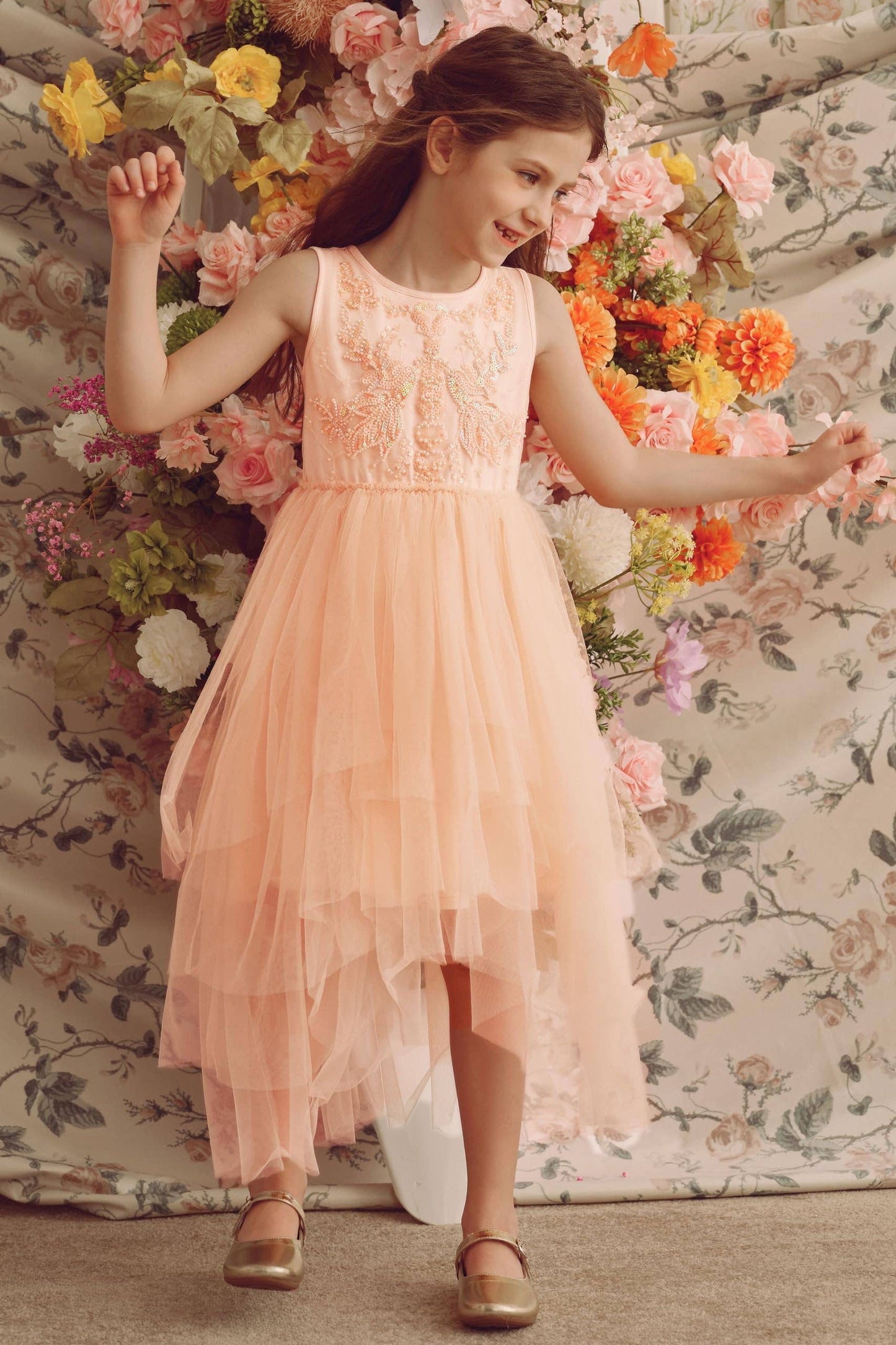 Whimsical Layered Tulle Dress in Soft Peach