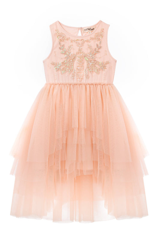 Whimsical Layered Tulle Dress in Soft Peach