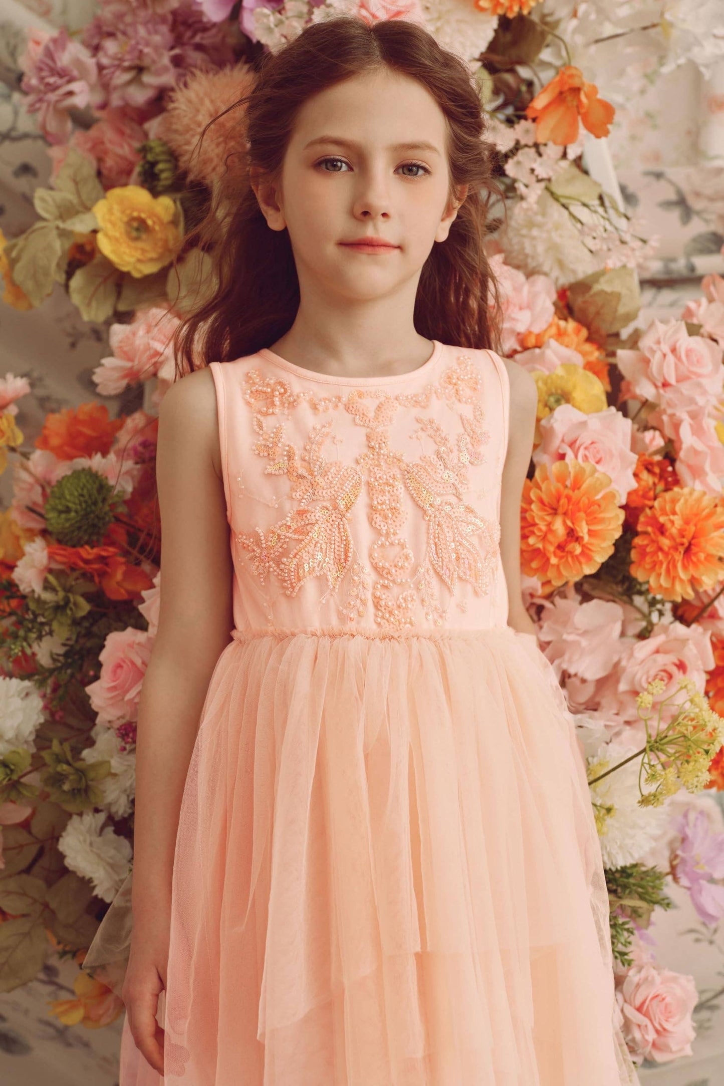 Whimsical Layered Tulle Dress in Soft Peach
