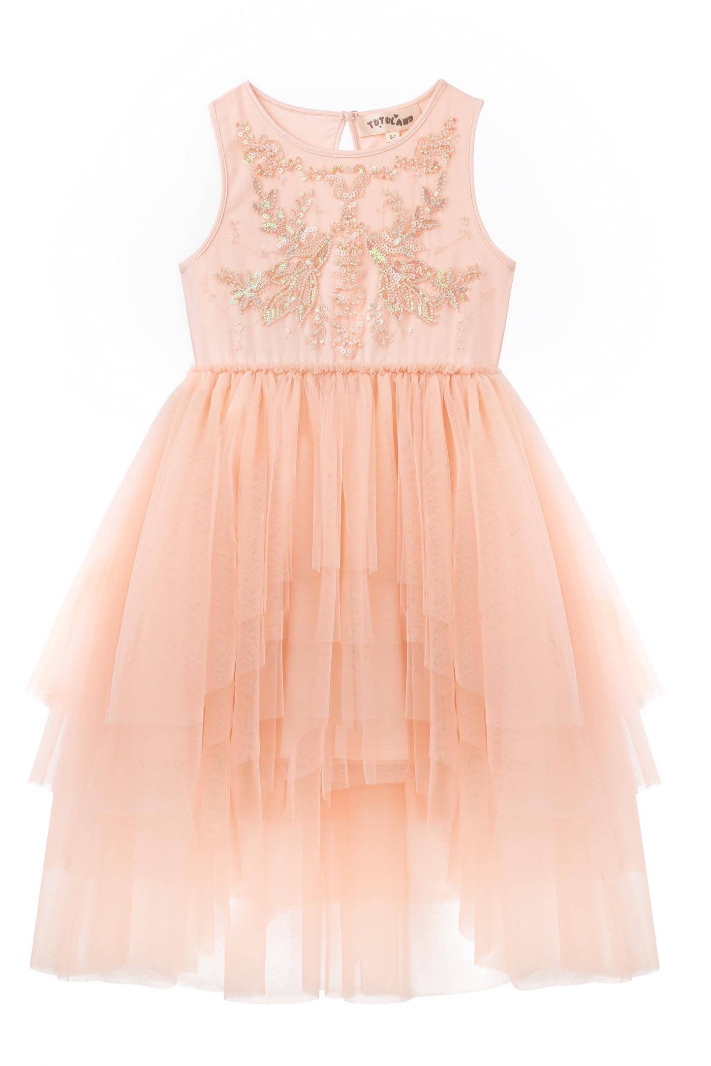 Whimsical Layered Tulle Dress in Soft Peach