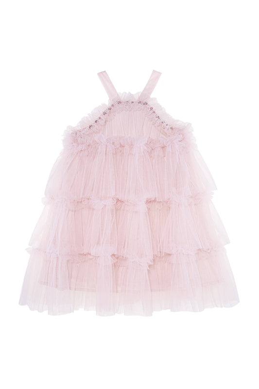 Halter Neck Pearl Tiered Tulle Dress in Light Pink
