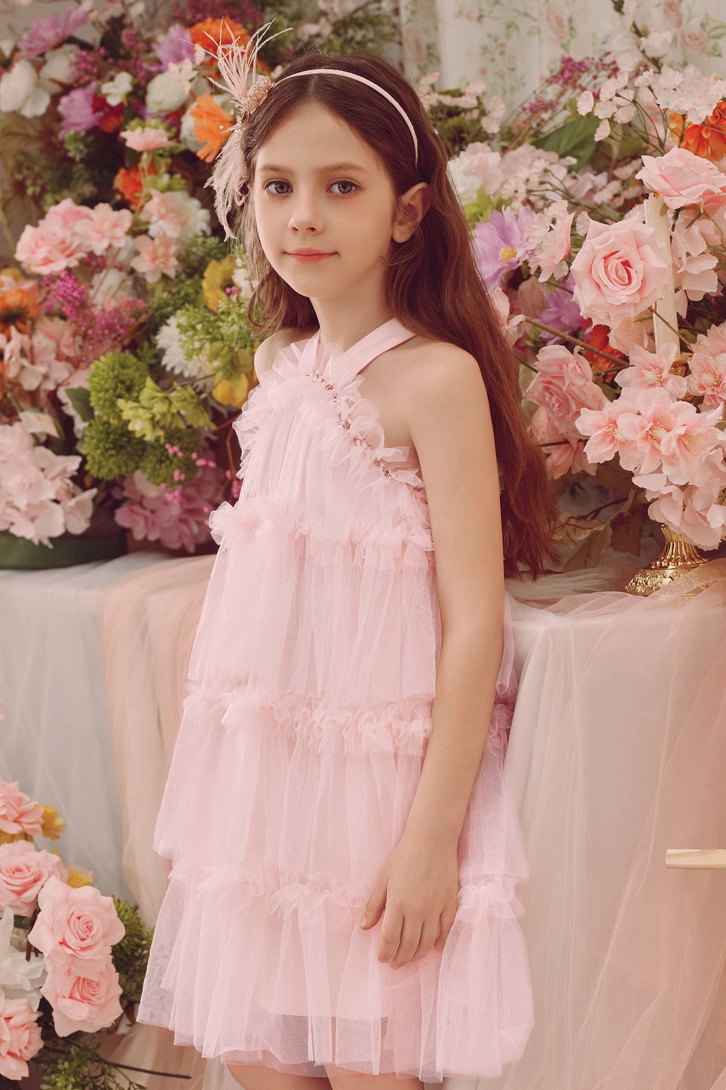 Halter Neck Pearl Tiered Tulle Dress in Light Pink