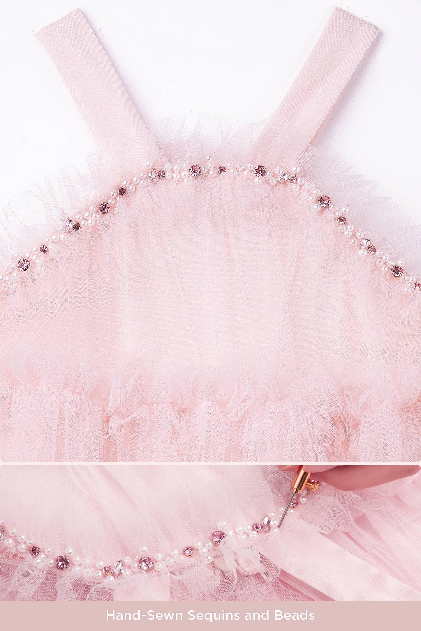 Halter Neck Pearl Tiered Tulle Dress in Light Pink
