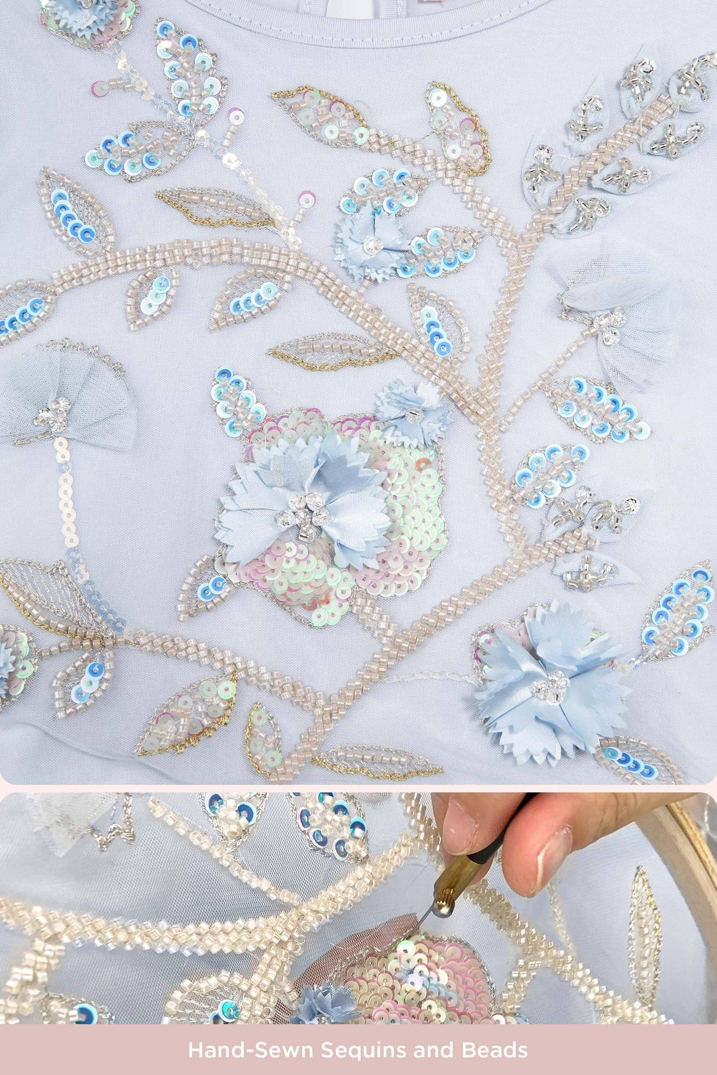 Embroidered Flower Fairy Dress in Soft Blue