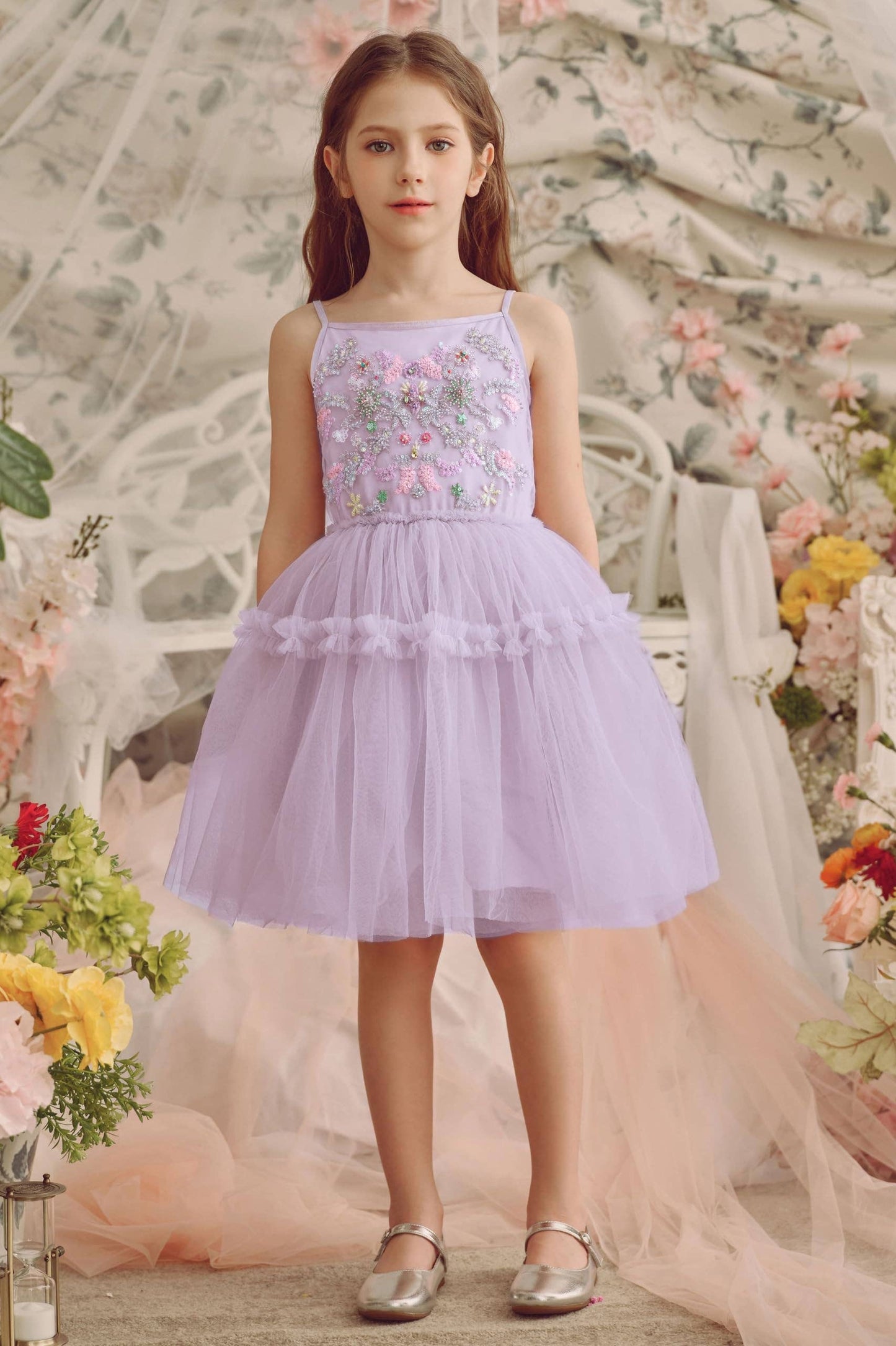 Vibrant Embroidered Tulle Princess Dress in Pastel Purple