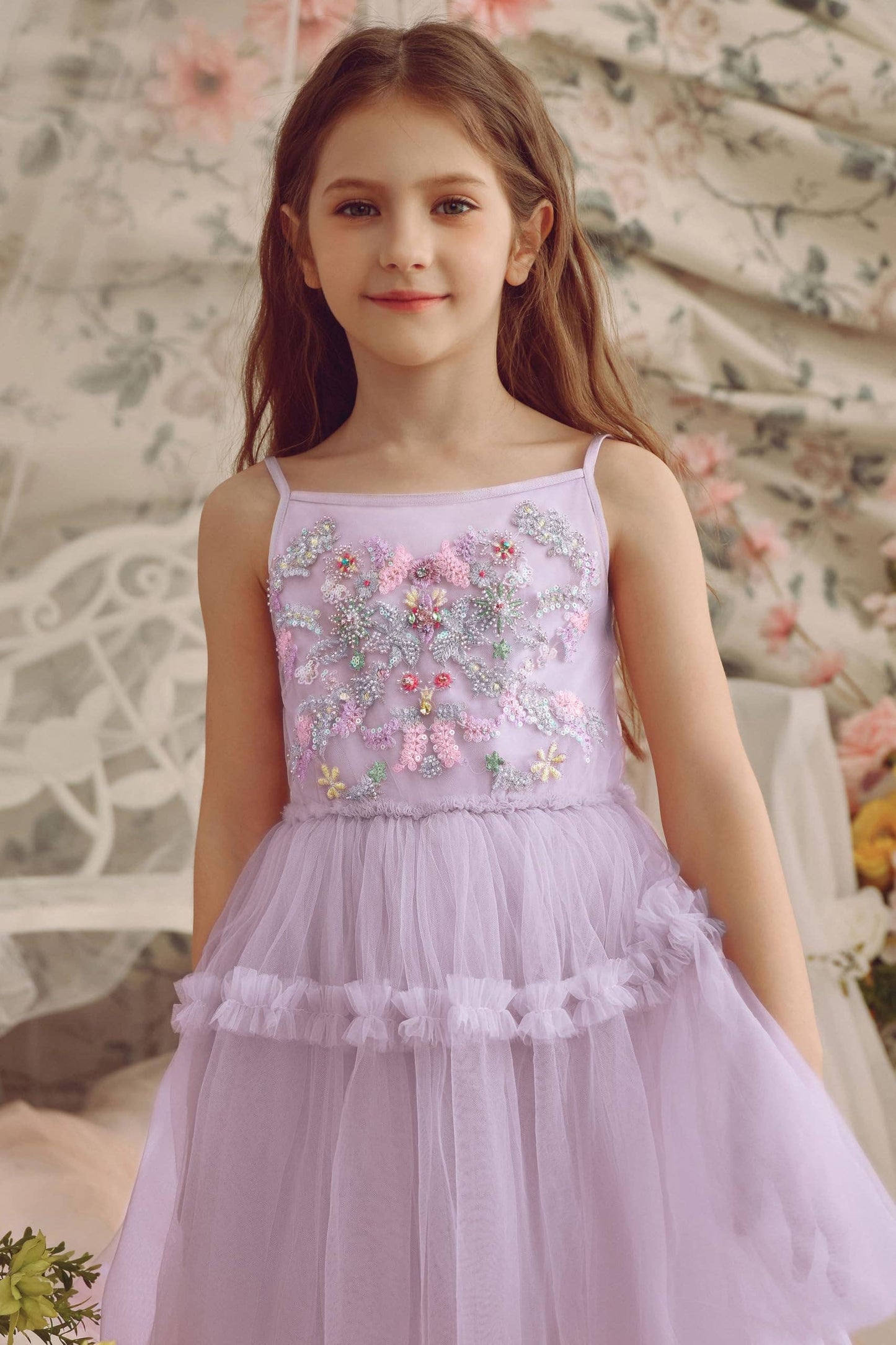 Vibrant Embroidered Tulle Princess Dress in Pastel Purple