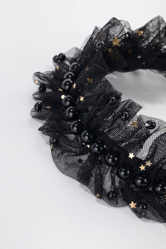 Graceful Beaded Star Mesh Headband in Black & Gold