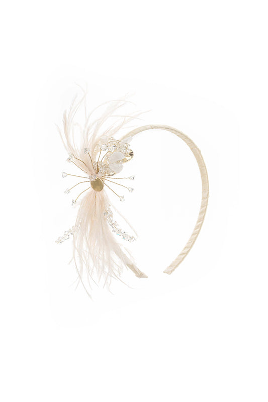 Beaded Ostrich Feather Headband in Vanilla Cream and Gold