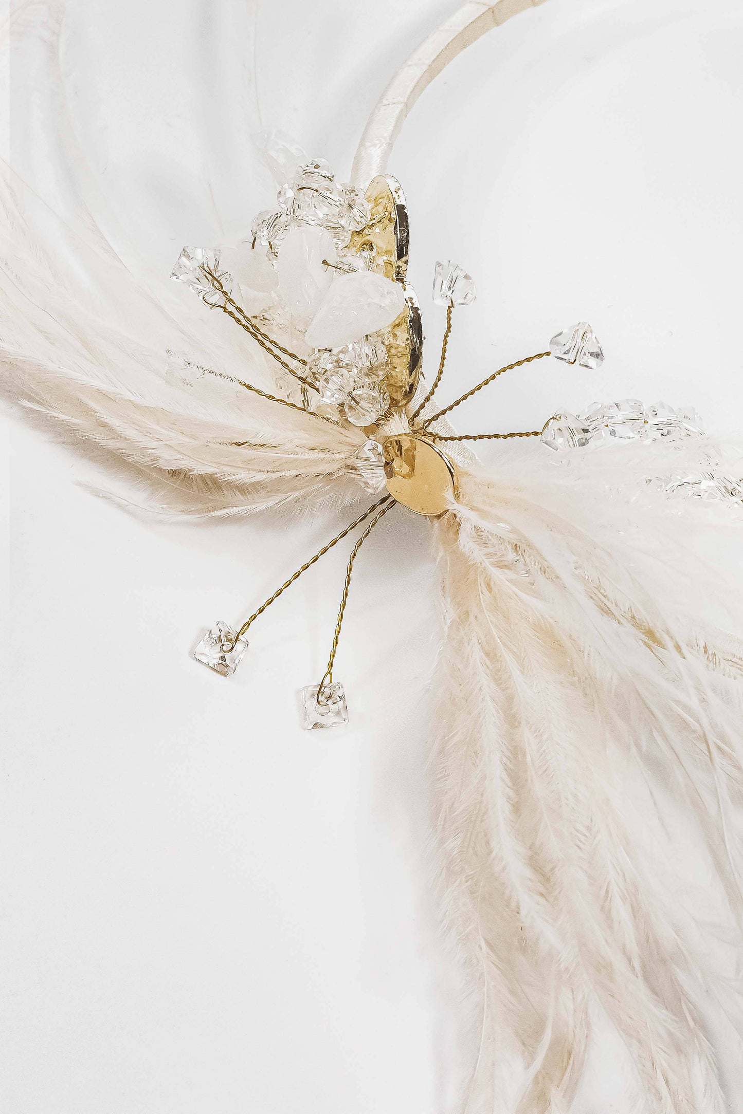 Beaded Ostrich Feather Headband in Vanilla Cream and Gold