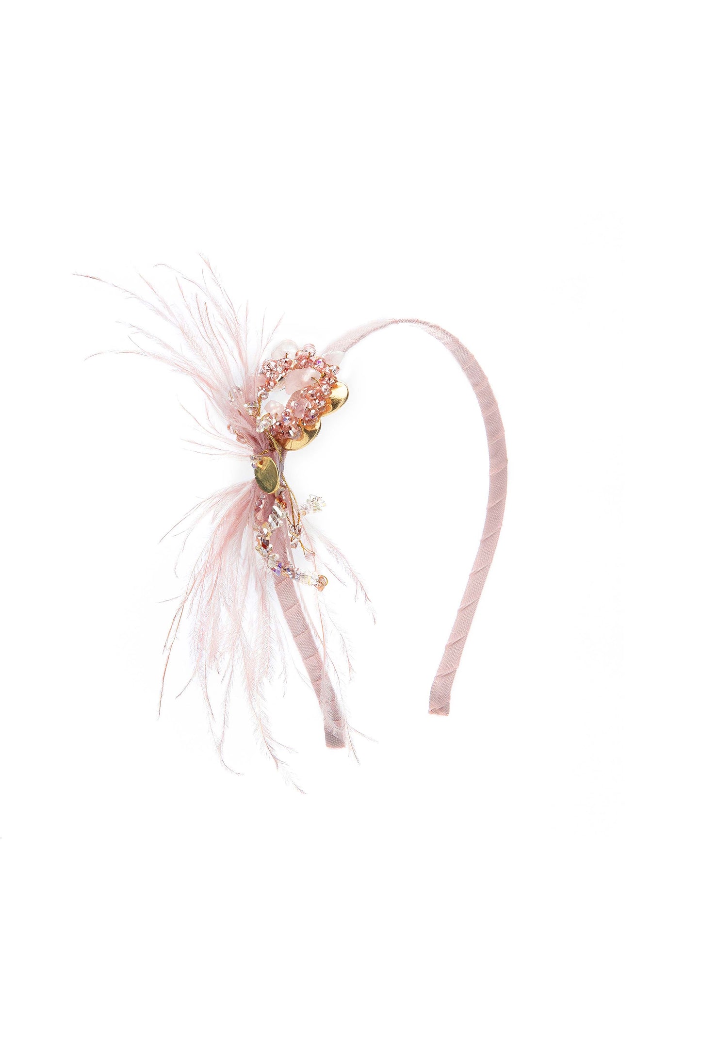Beaded Ostrich Feather Headband in Light Pink & Gold