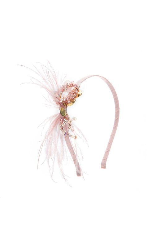 Beaded Ostrich Feather Headband in Light Pink & Gold