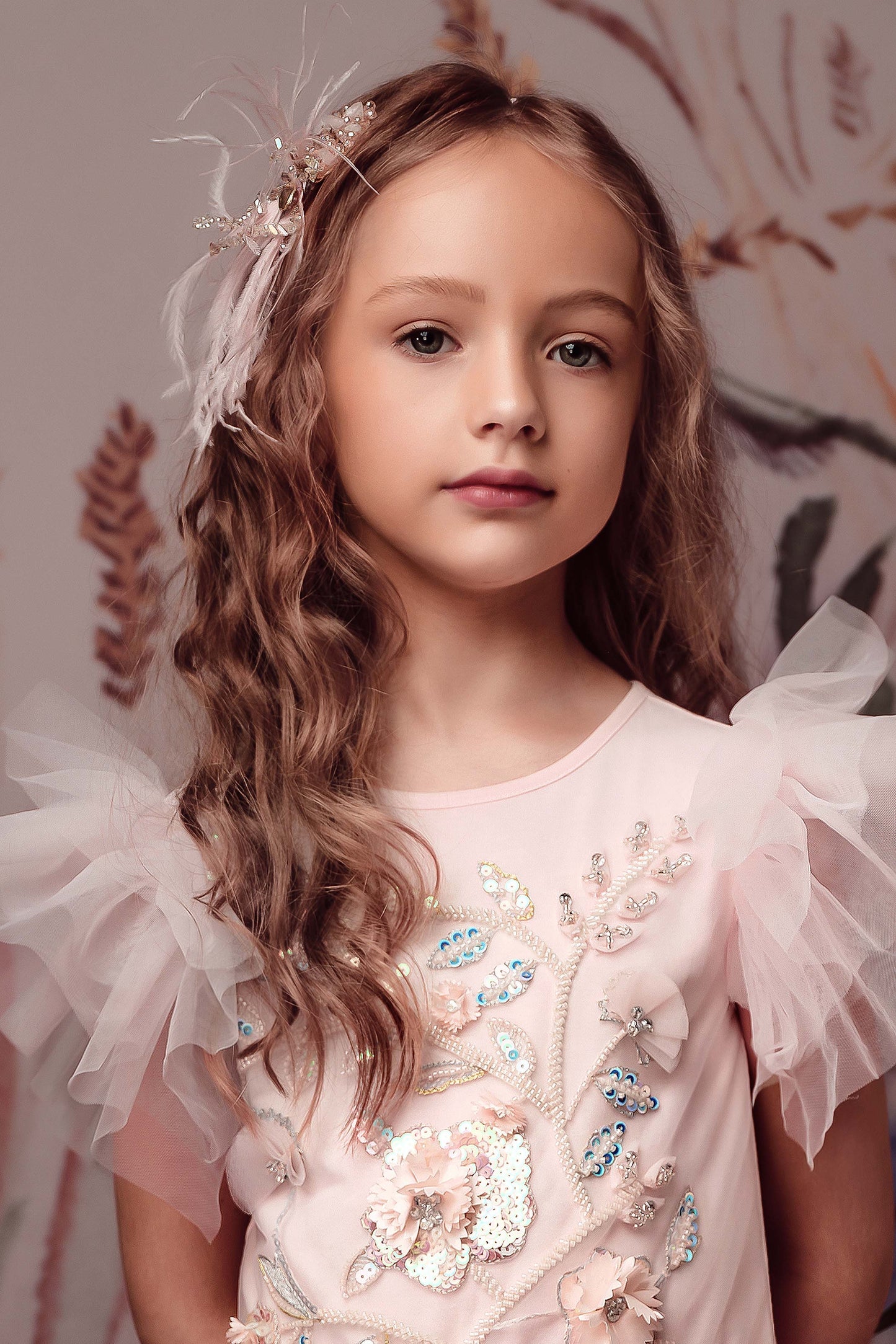 Beaded Ostrich Feather Headband in Light Pink & Gold
