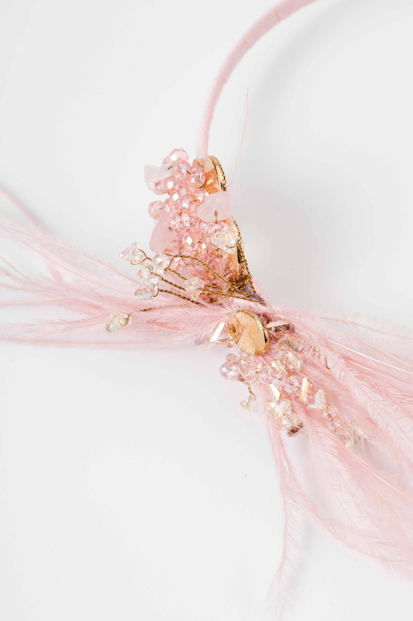 Beaded Ostrich Feather Headband in Light Pink & Gold