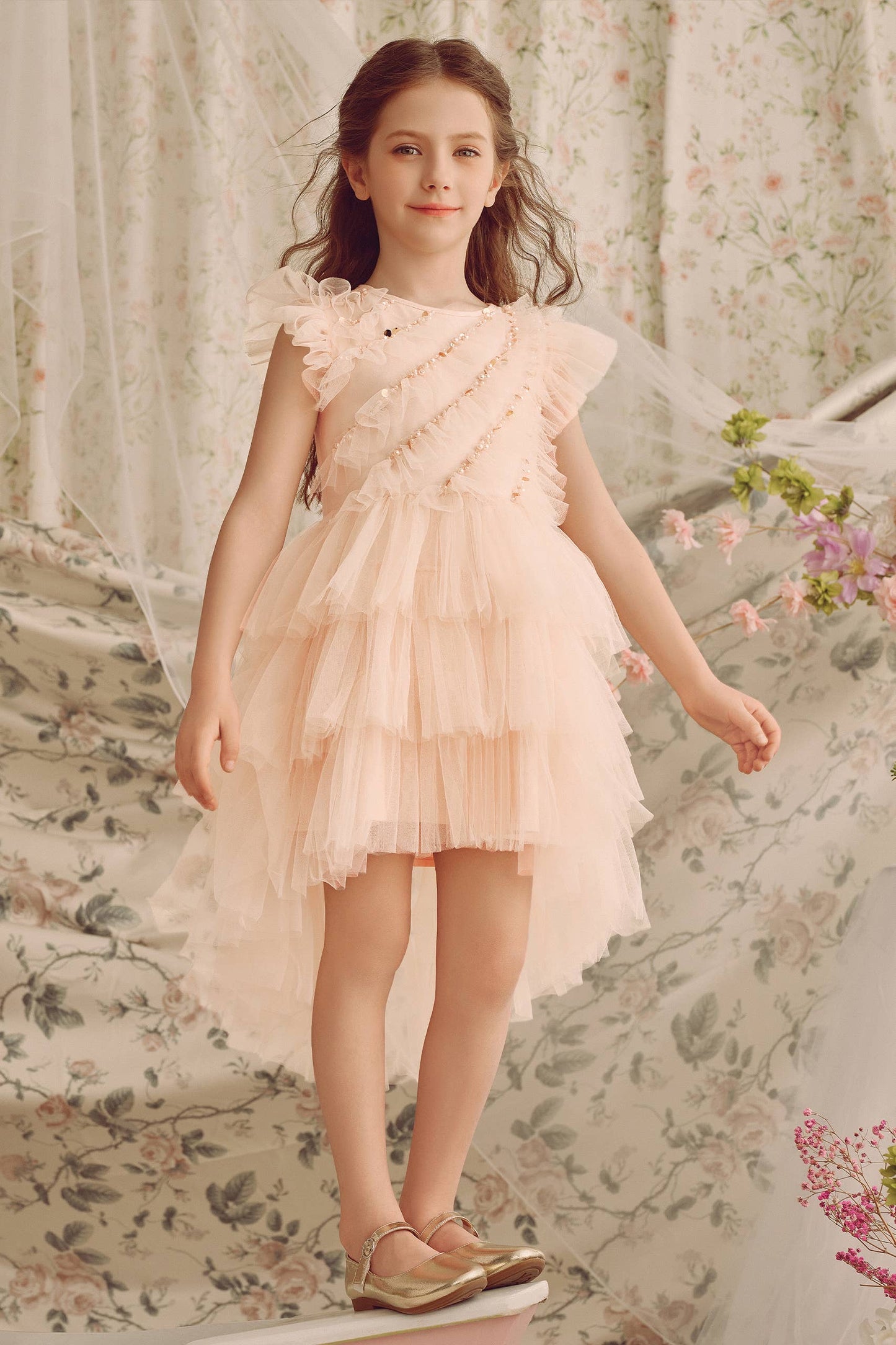 Elegant Pearls Flutter Sleeve Dress in Peach