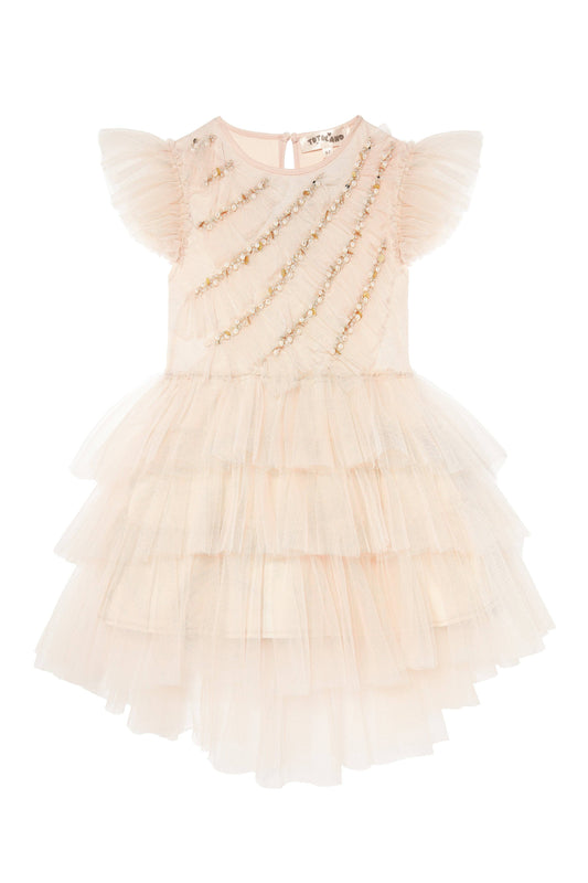 Elegant Pearls Flutter Sleeve Dress in Peach