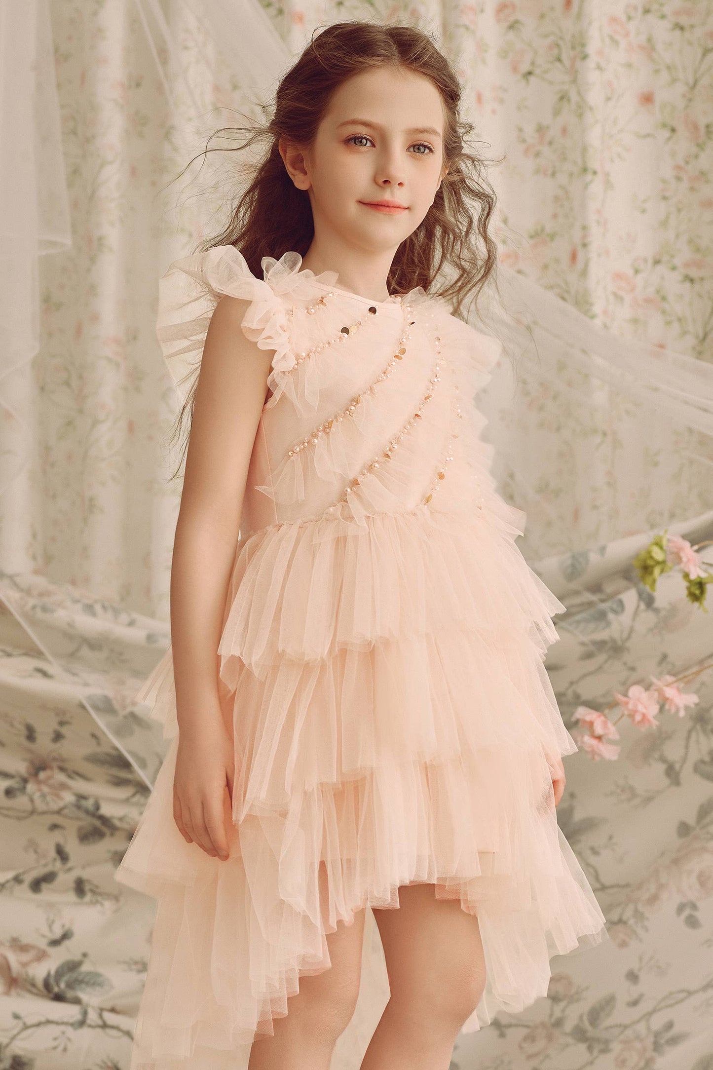 Elegant Pearls Flutter Sleeve Dress in Peach
