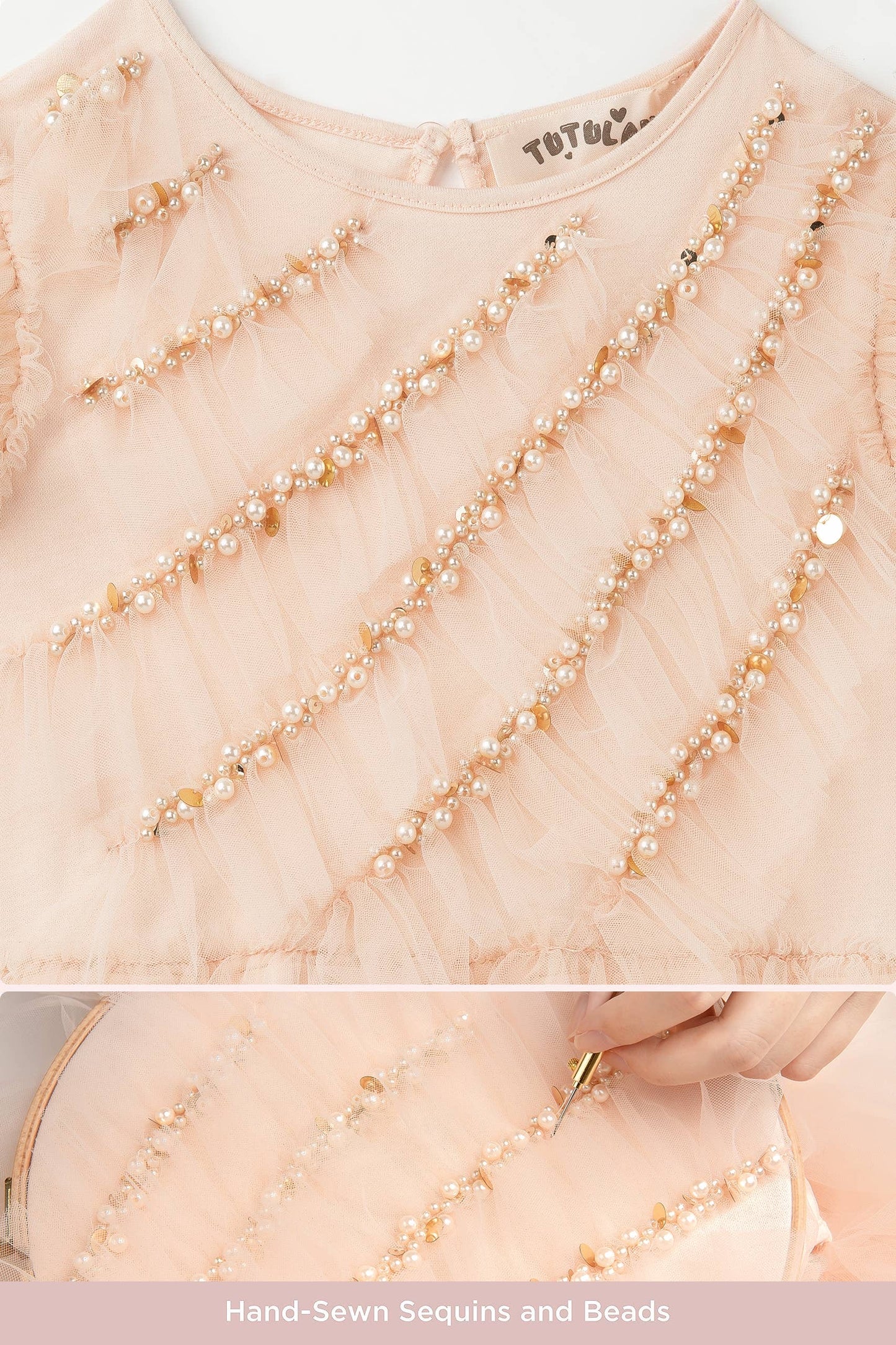 Elegant Pearls Flutter Sleeve Dress in Peach