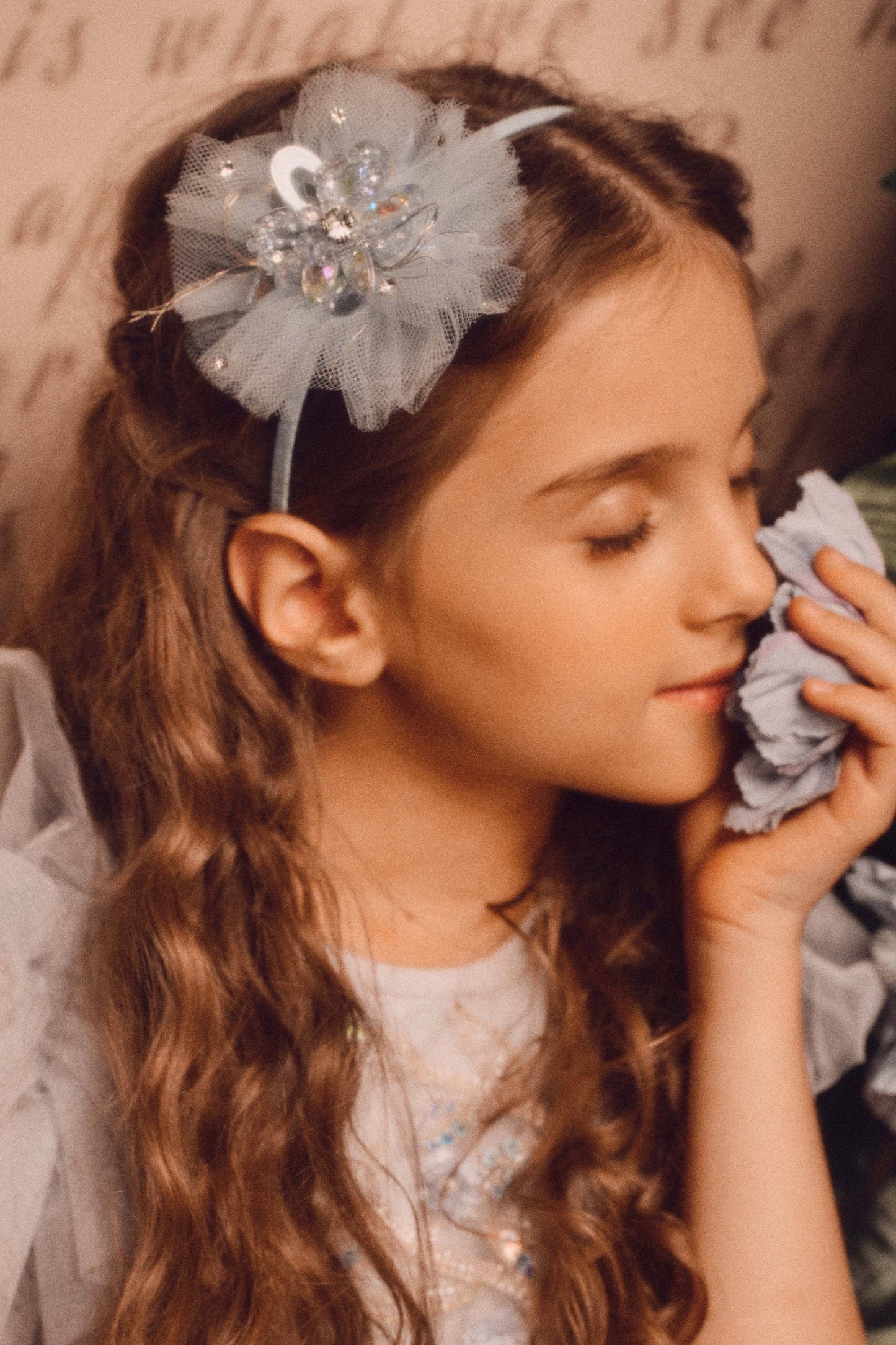 Crystal Floral Mesh Headband in Soft Blue