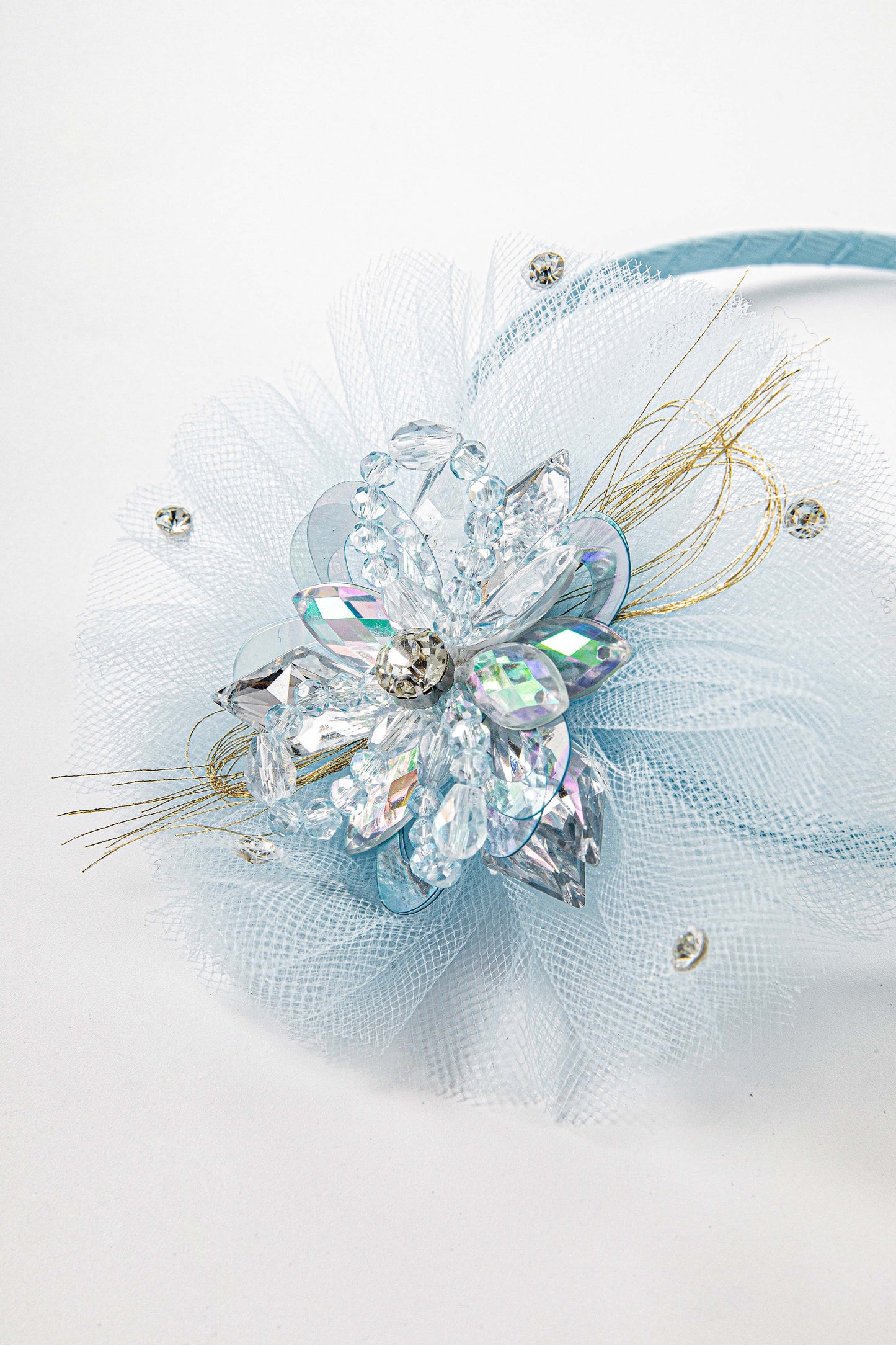 Crystal Floral Mesh Headband in Soft Blue
