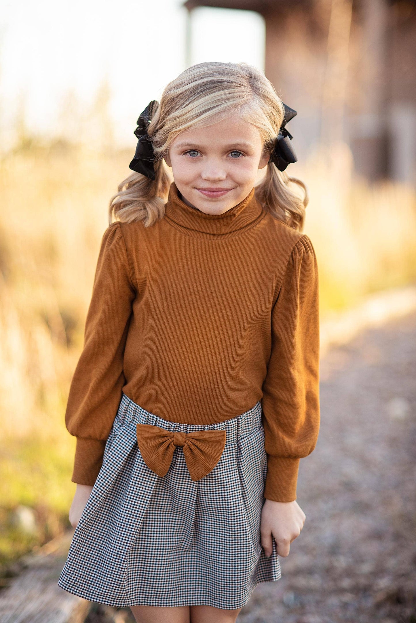 Kids Carmel Puff Sleeve Top & Bow Check Fall Skirt Set