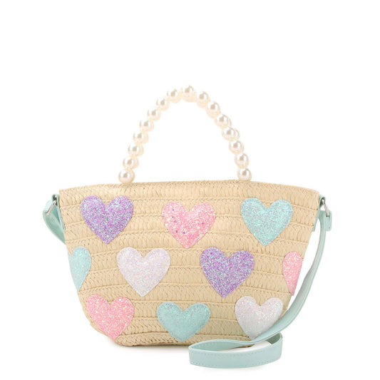 Glitter Hearts Straw Pearl Handle Tote Bag