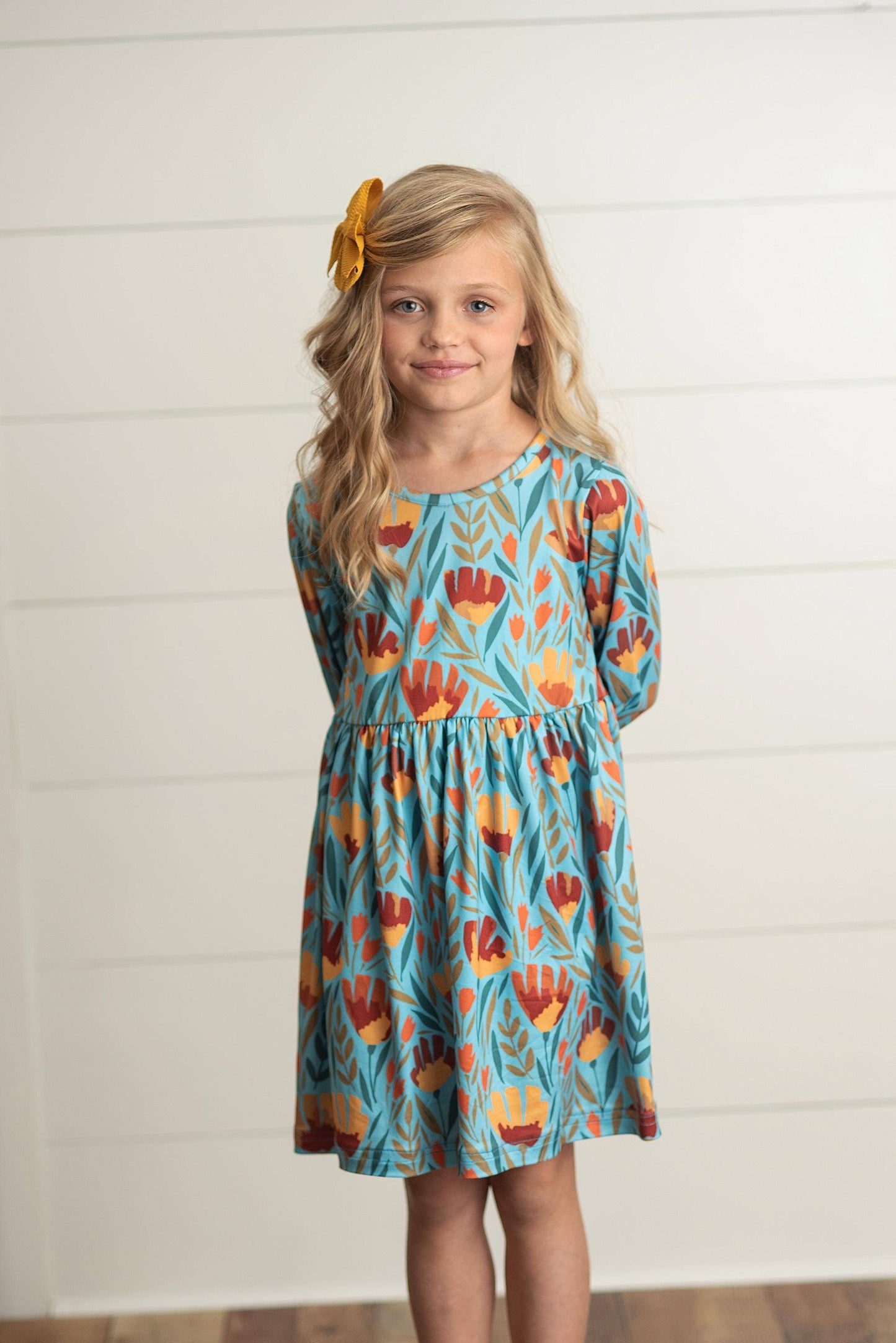 Kids Claire Mustard Teal Floral Print Fall Twirl Dress