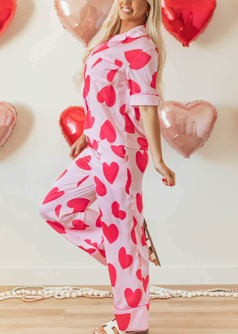 Classic Heart Valentines Short Sleeve Pants Pajamas Set