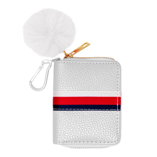 Striped Leather Pom Pom Wallet