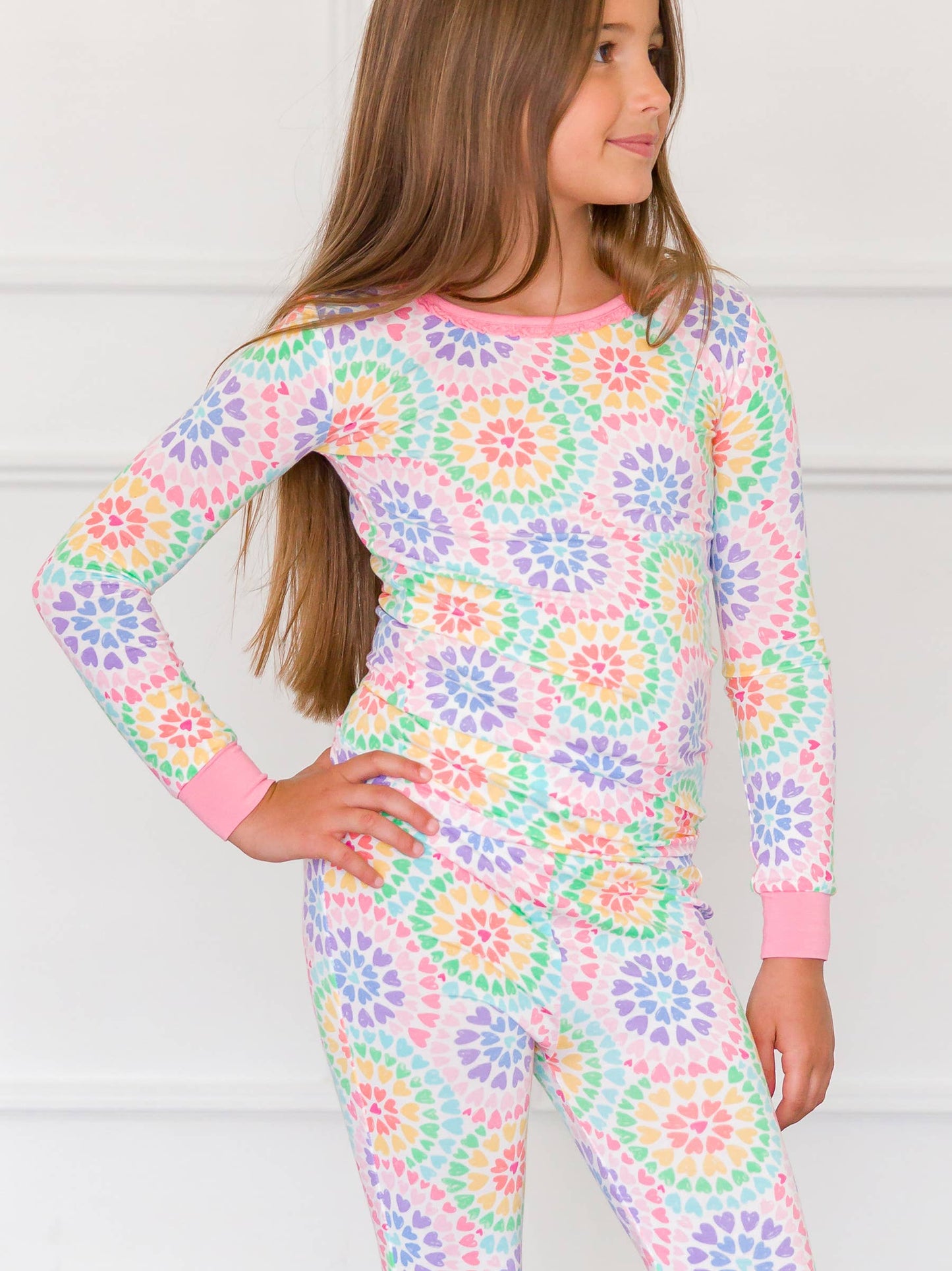 Girls Rainbow Kaleidoscope Hearts Bamboo Viscose Ruffle Long Sleeve Pajama Set