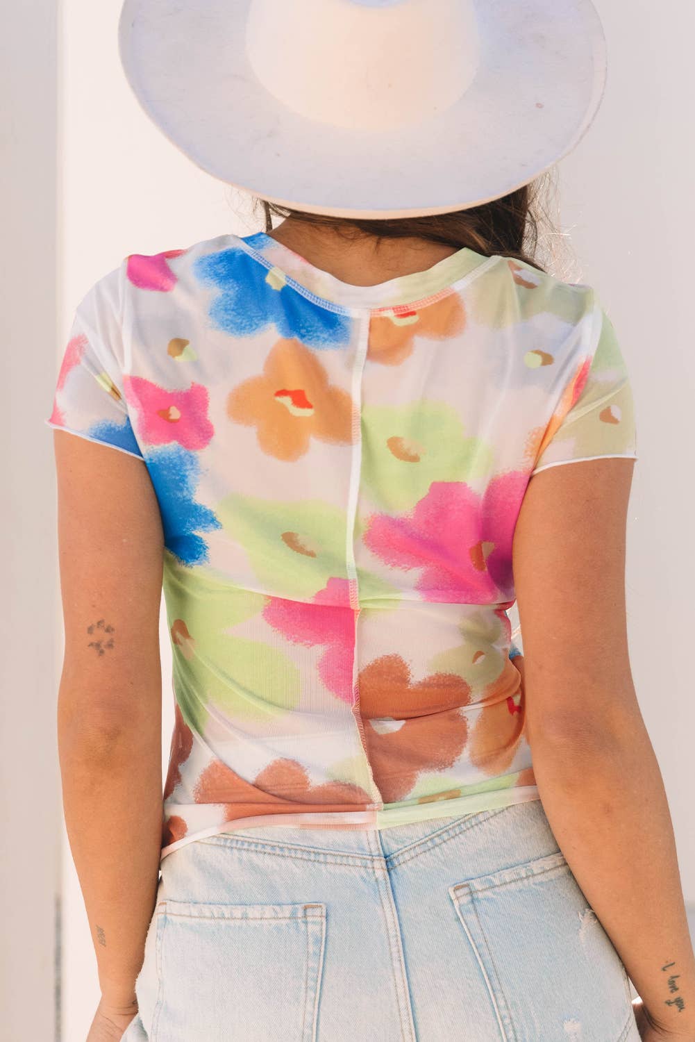 LDC Floral Mesh Lettuce Trim Cropped T Shirt