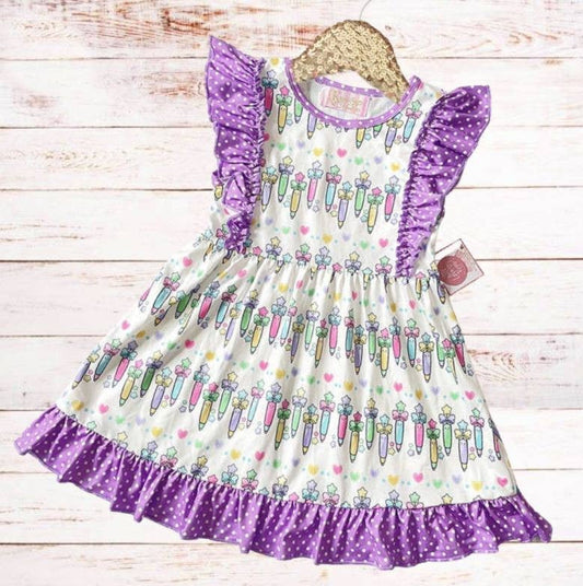 Girls Pens - Purple Polka Ruffle Back To School Dress