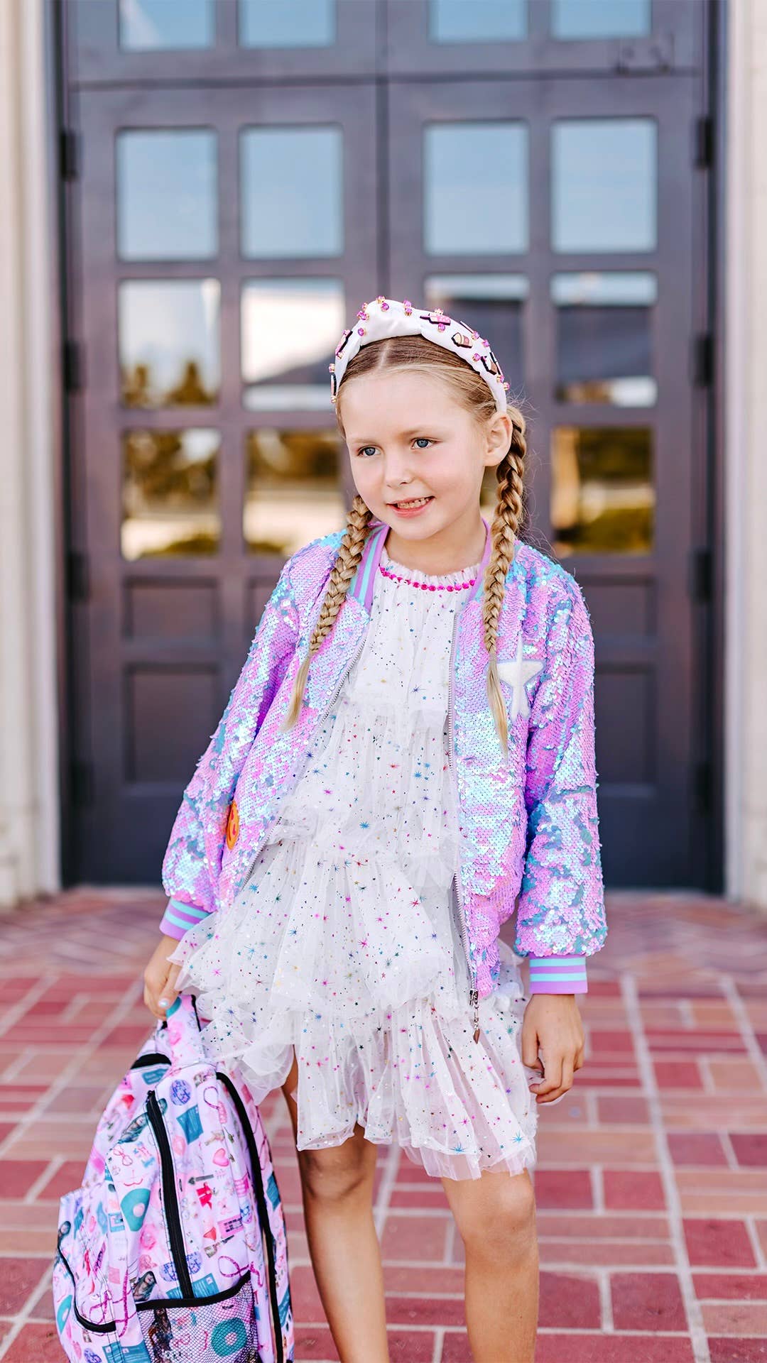 Girls Purple Iridescent Patched Sequins Bomber Jacket