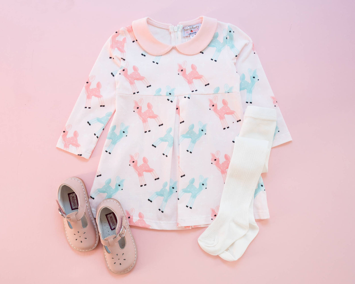 Retro Pink Reindeer Girls Christmas Dress Vintage Style