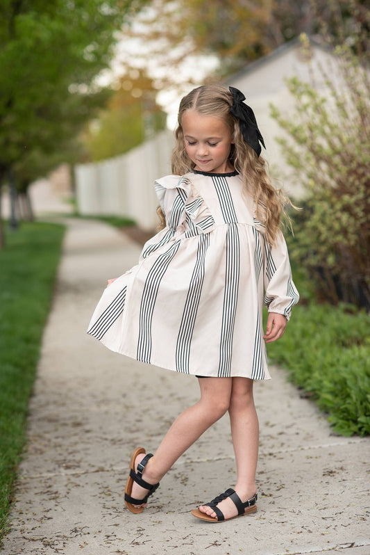 Kids Cream & Black Stripe Long Puff Sleeve Ruffle Fall Dress