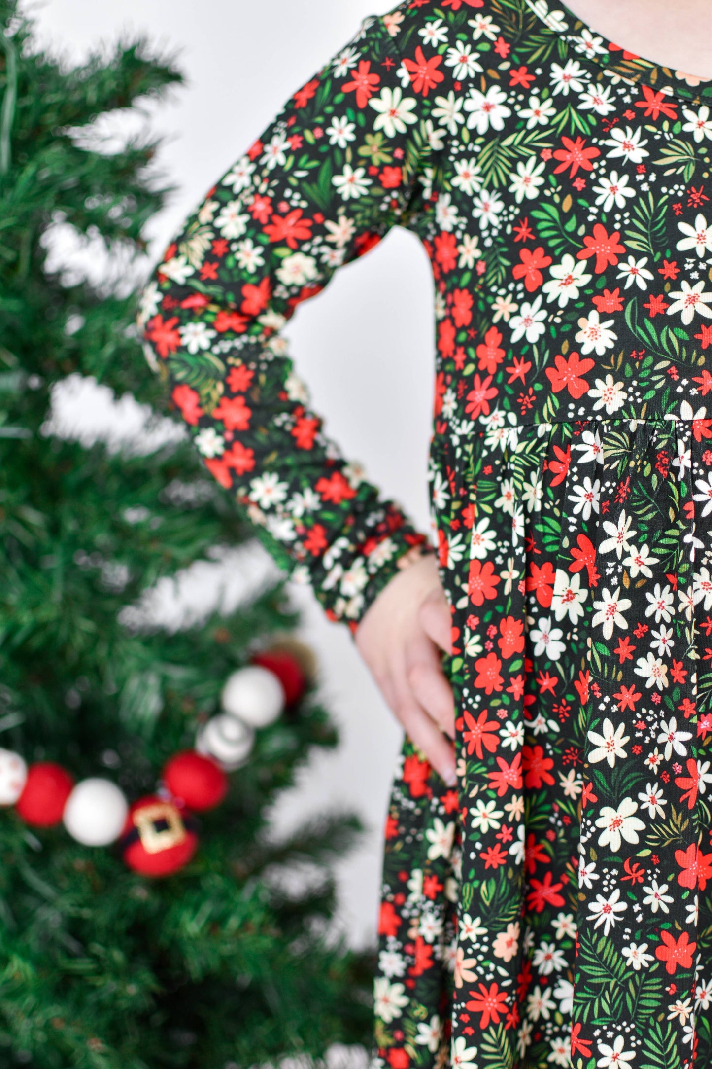 Holiday Floral Christmas Twirl Dress for Girls, Bamboo Christmas Dresses, Holiday Outfits for Kids