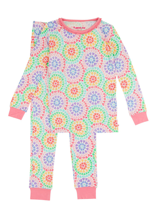 Girls Rainbow Kaleidoscope Hearts Bamboo Viscose Ruffle Long Sleeve Pajama Set