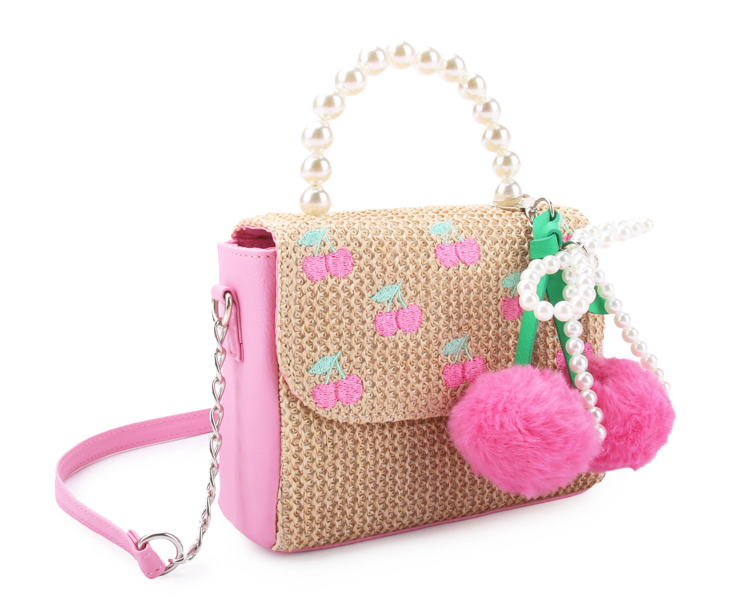 Cherry Patched Straw Top Handle Bag