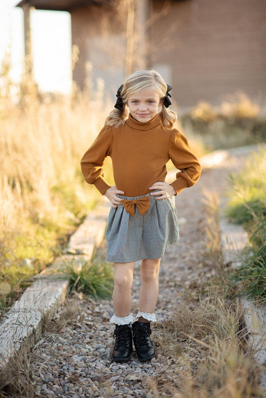 Kids Carmel Puff Sleeve Top & Bow Check Fall Skirt Set