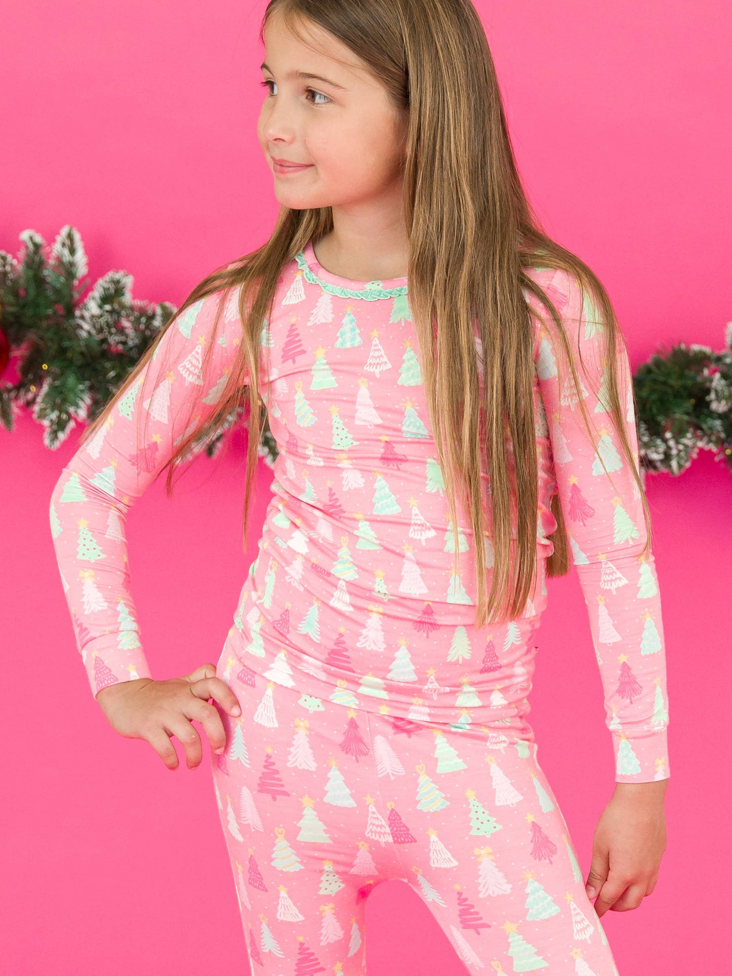 Girls Merry Pink Pines Bamboo Viscose Ruffle Long Sleeve Pajama Set