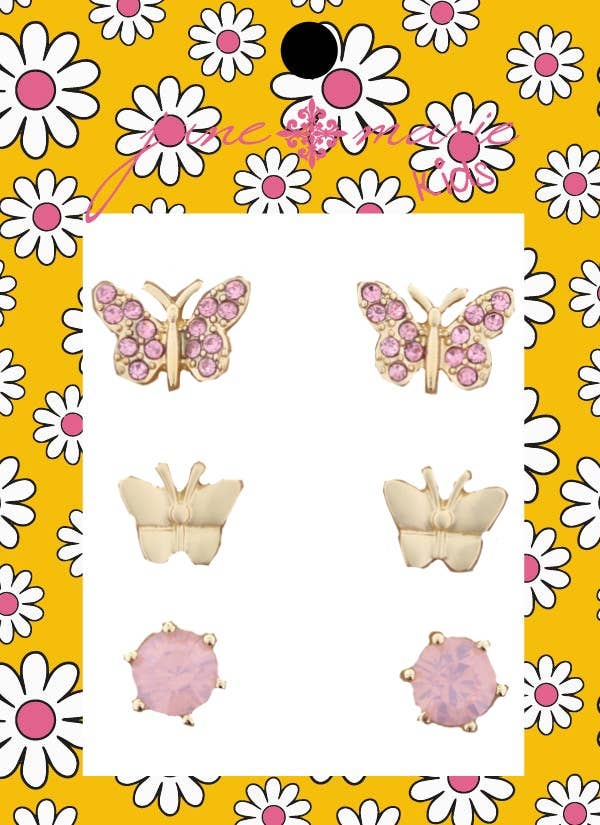 Kids Pink Crystal Butterfly, Gold Butterfly Earring