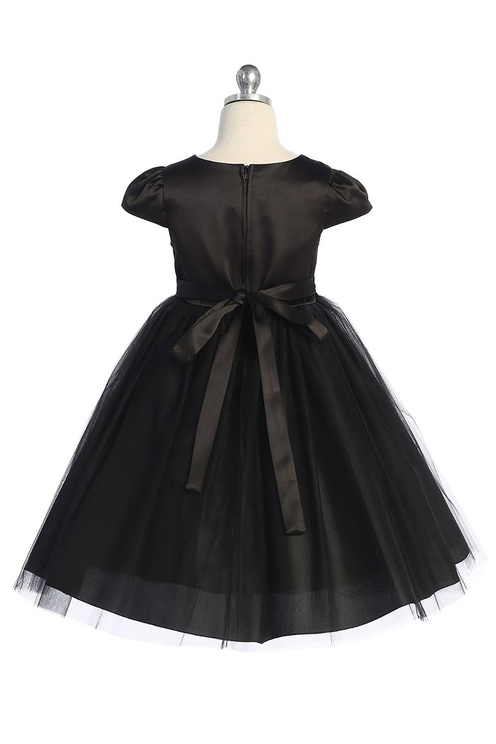Capped Sleeve Satin Dress with Rhinestone Trim