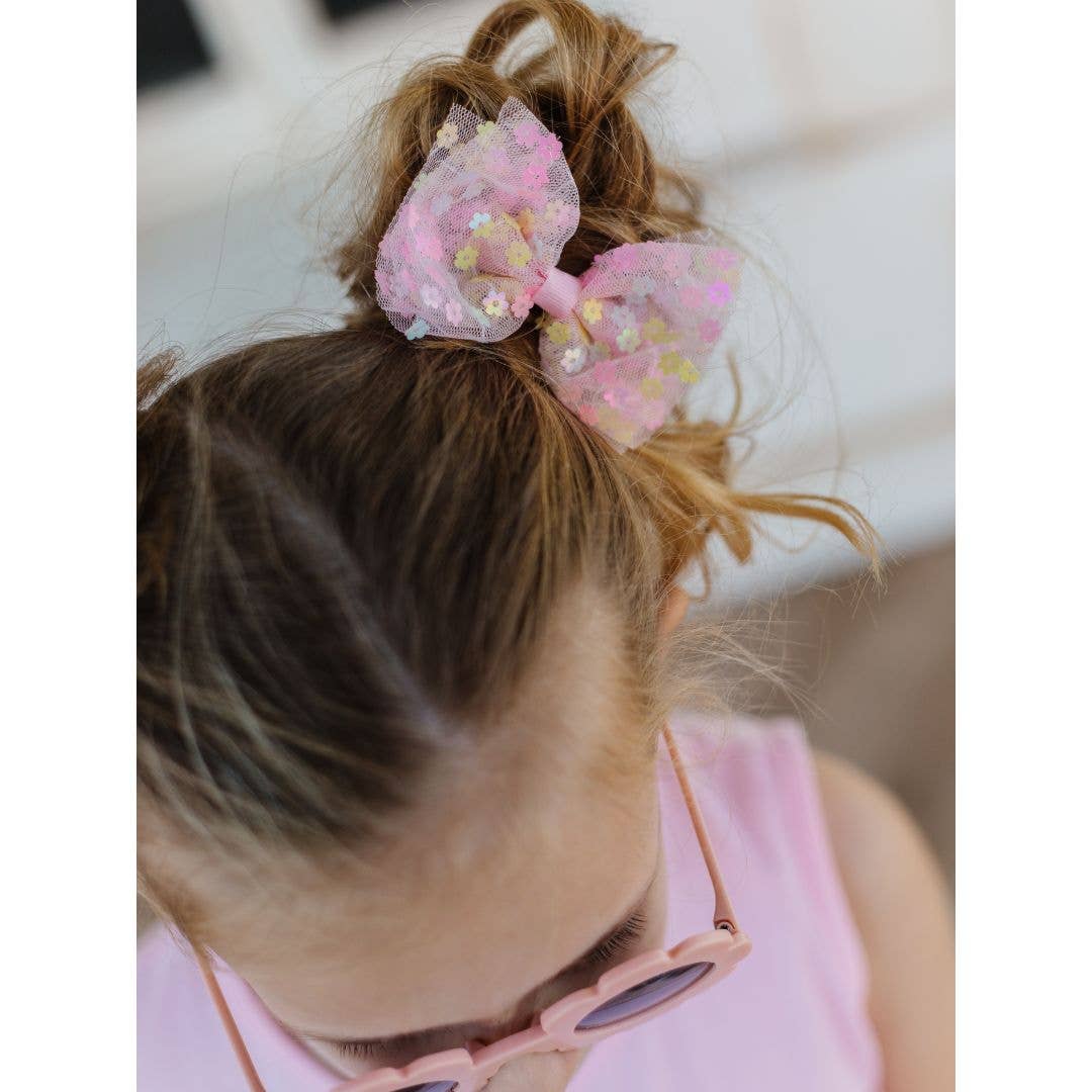 Pink Confetti Flower Bow Clip - Kids Spring Hair Clip
