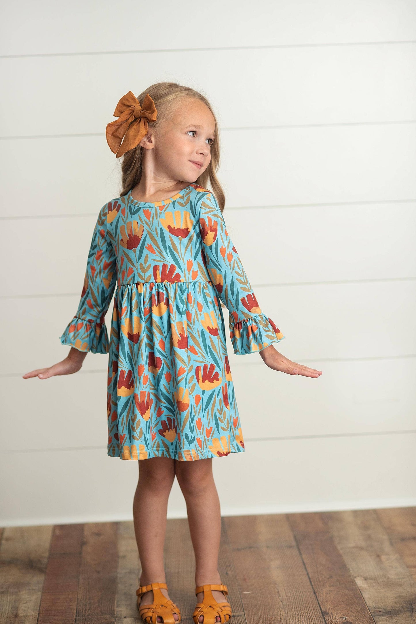 Kids Claire Mustard Teal Floral Print Fall Twirl Dress