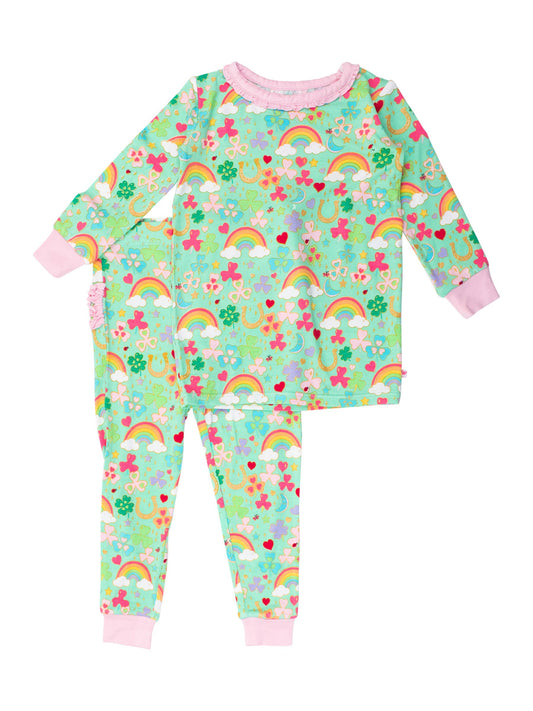 Baby Girls Green Lucky Day Bamboo Viscose Footed Ruffle One Piece Pajama