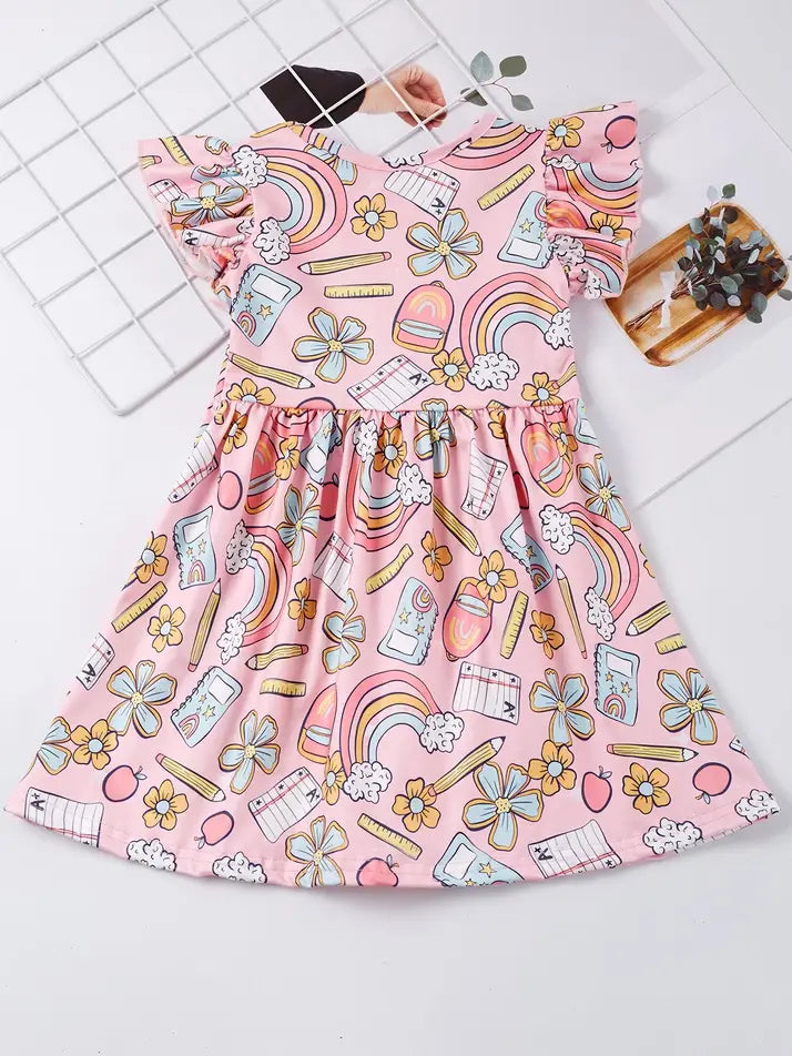 Back to School Apple pencil rainbow ruffle flutter Dress