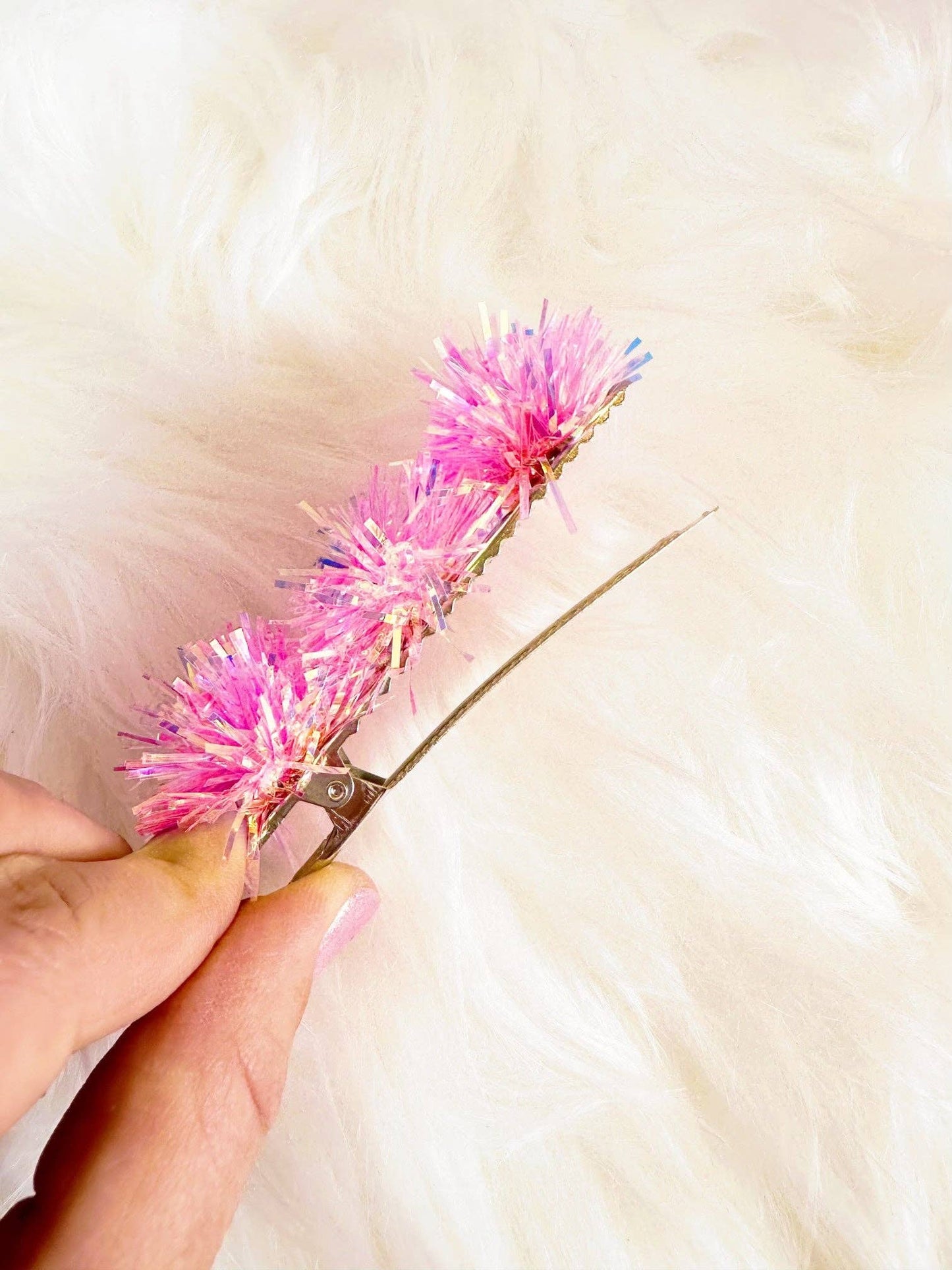 Pink Tinsel Party Pom Hair Clip
