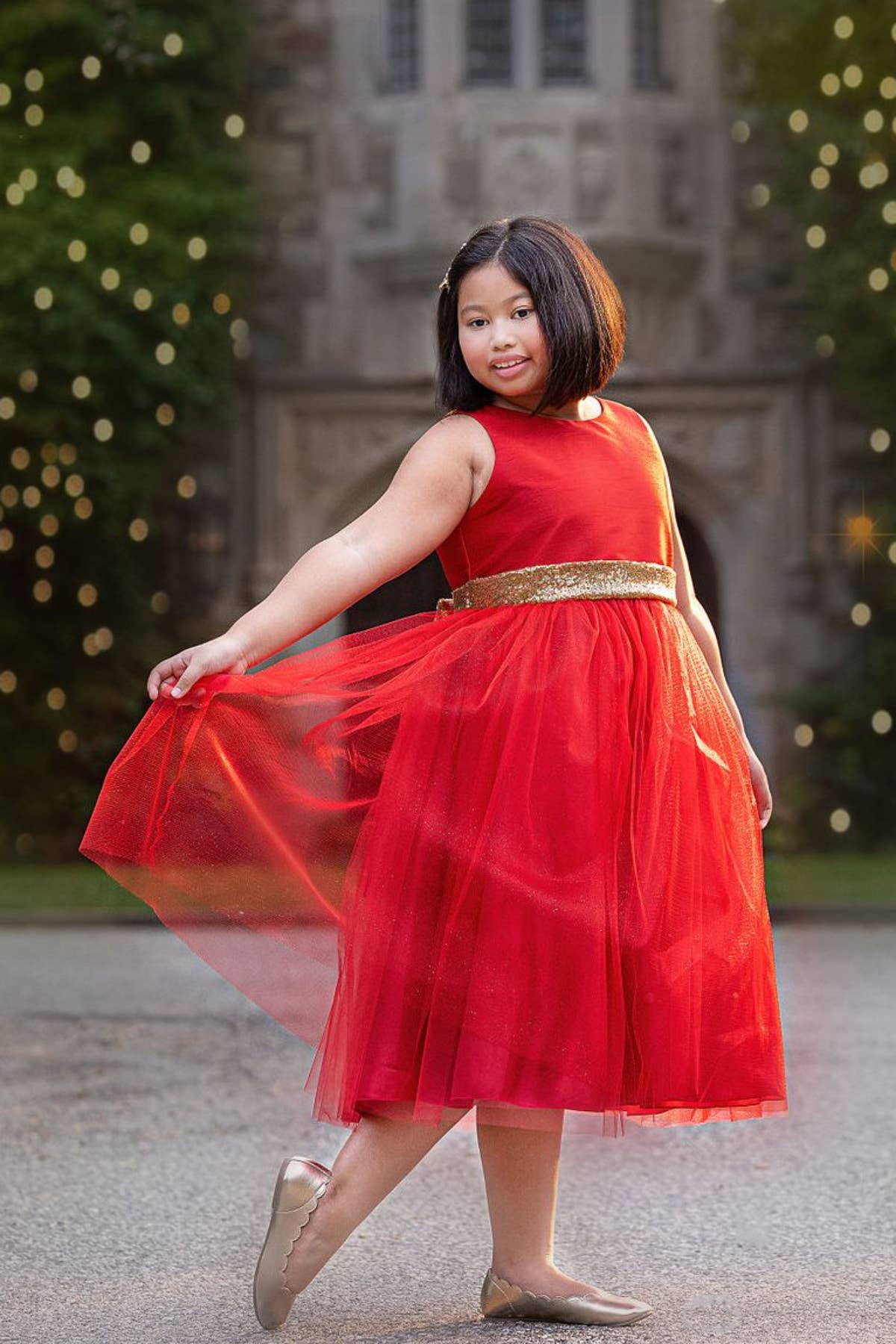 Gold Sequins V Back & Bow Girls Dress