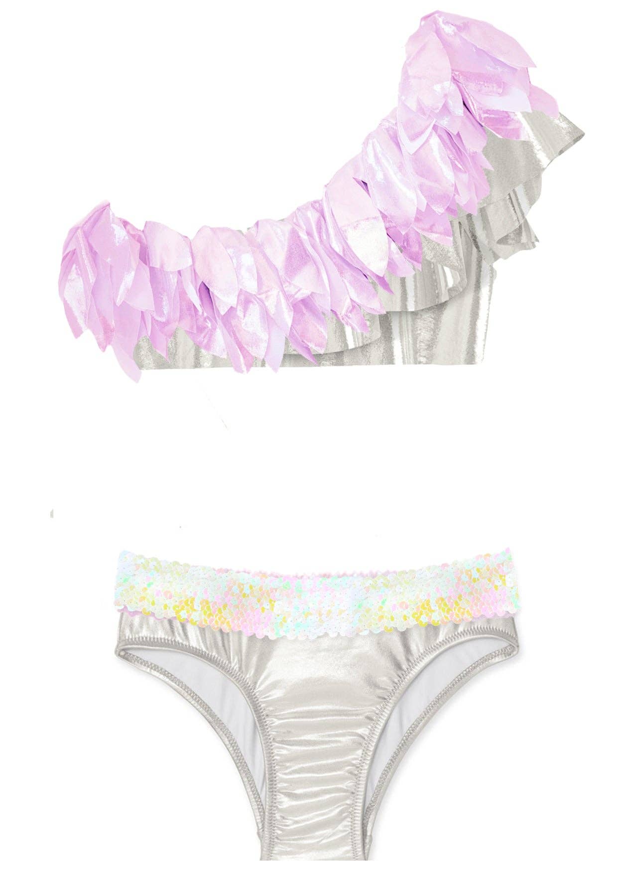 Silver One Shoulder Bikini Light Pink Metallic Petals & Sequ