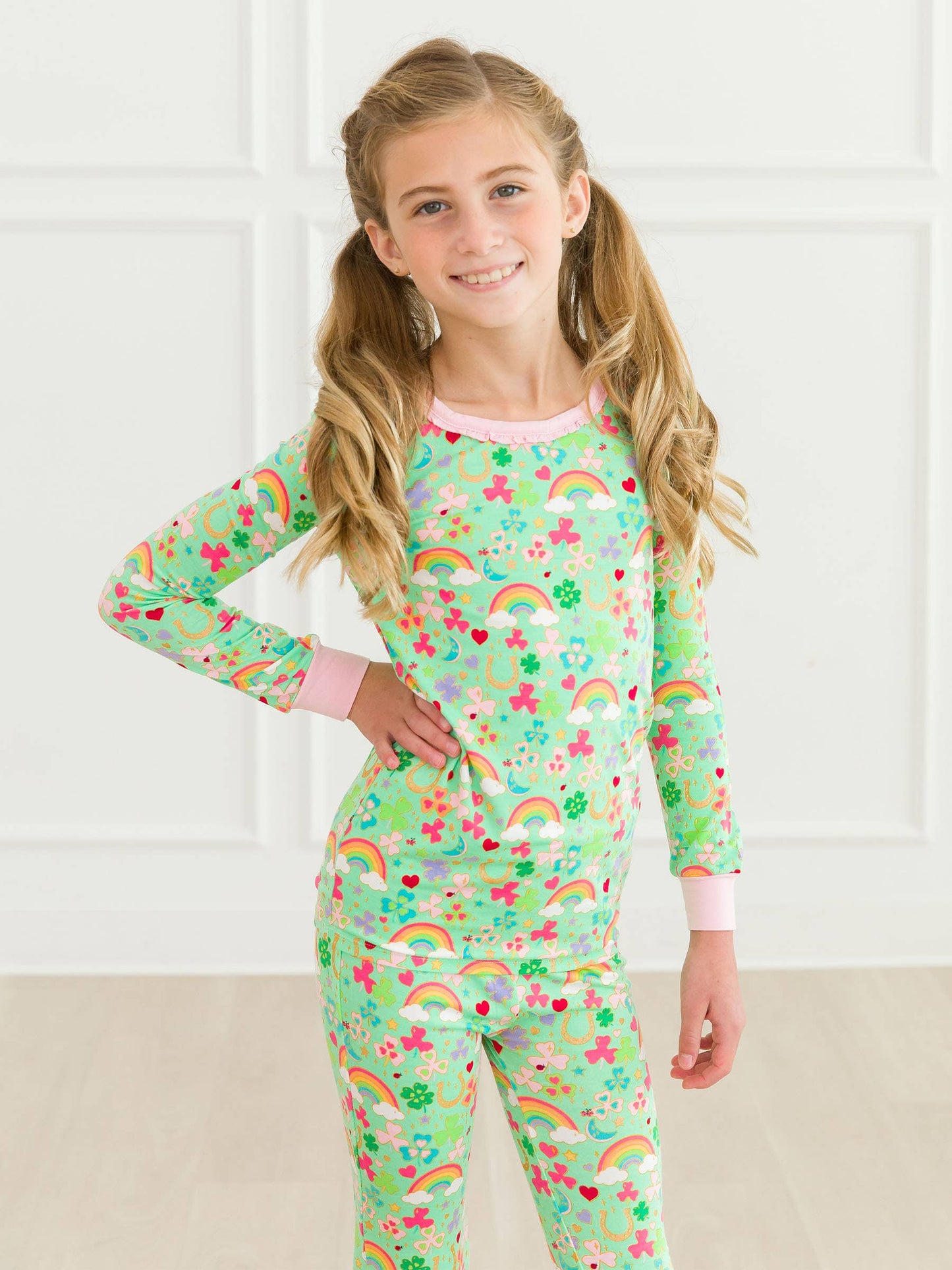 Girls Green Lucky Day Bamboo Viscose Ruffle Long Sleeve Pajama Set
