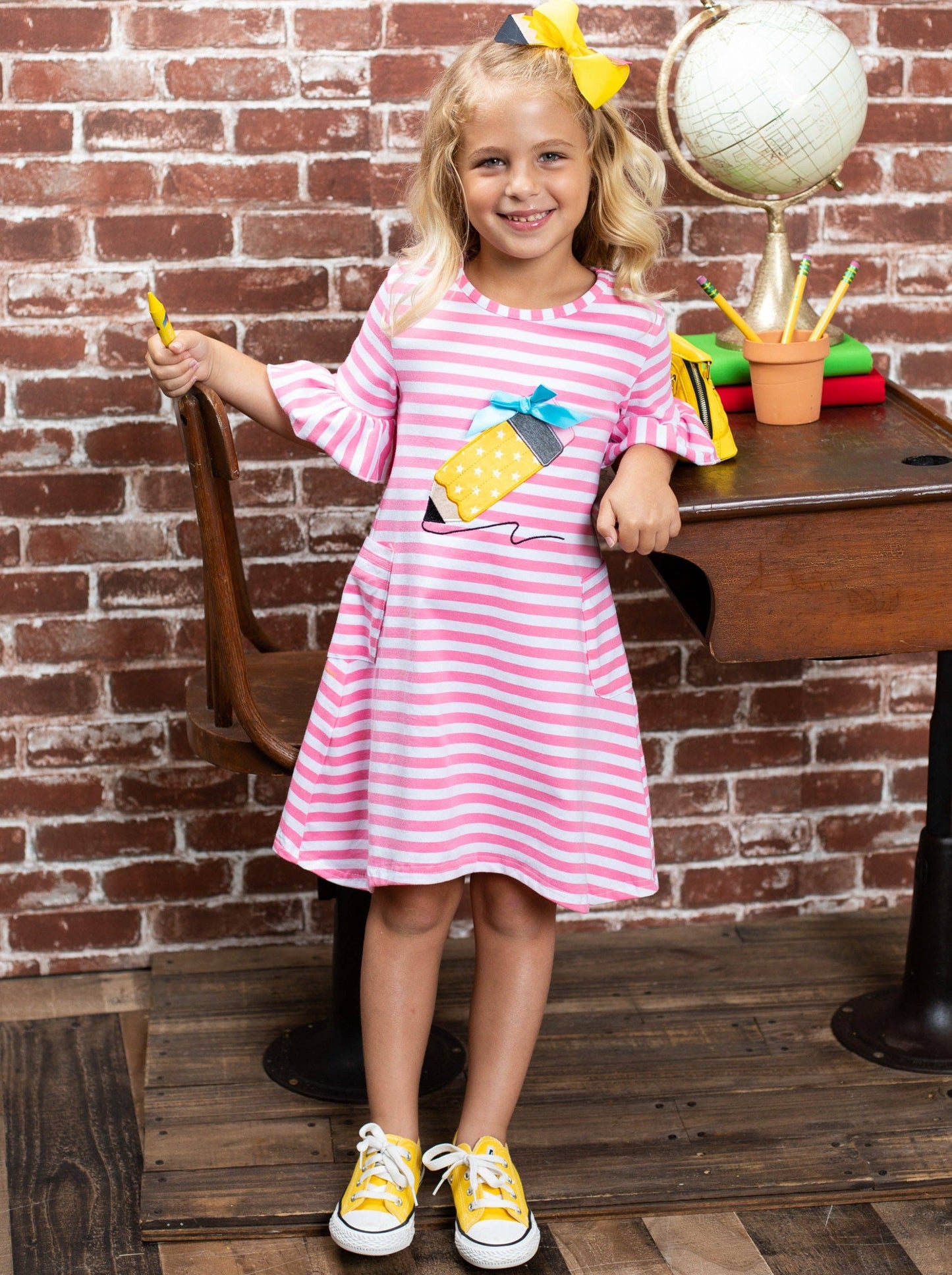 Striped Ruffle Sleeve Dress w/ Polka Dot Pencil Applique